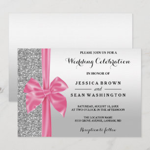 Romantic Silk Bow Silver Glitter & Black Wedding Invitation