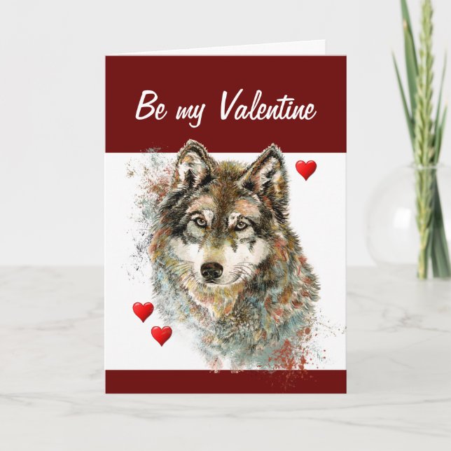 Romantic Silly Watercolor Wolf Valentine Holiday Card (Front)