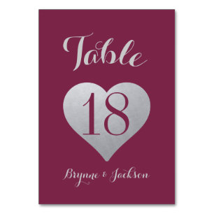 Romantic Silver and Wine Burgundy Heart Table Number