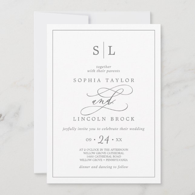 Romantic Silver Calligraphy Monogram Wedding Invitation (Front)