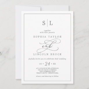 Romantic Silver Calligraphy Monogram Wedding Invitation