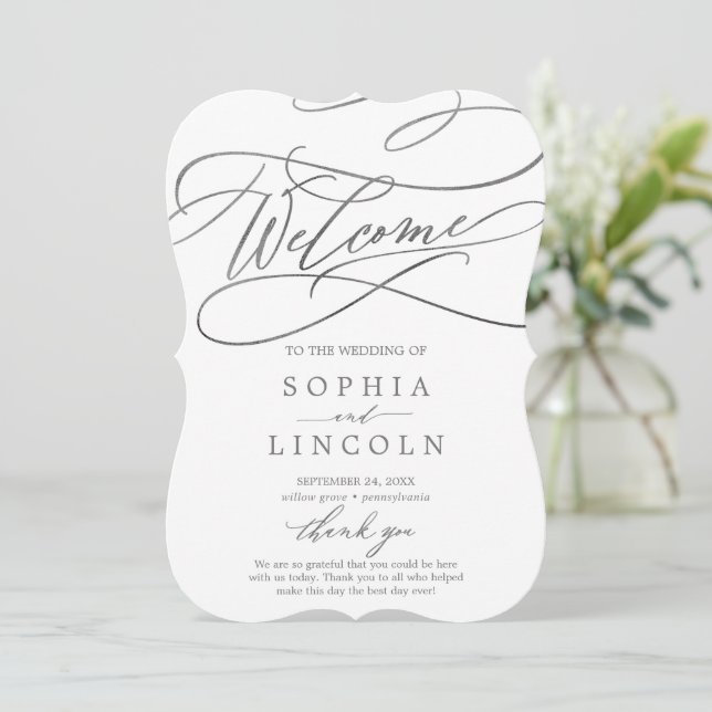 Romantic Silver Calligraphy Wedding Program Programme (Standing Front)