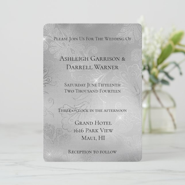 Romantic Silver Floral Lace Wedding Invitation (Standing Front)