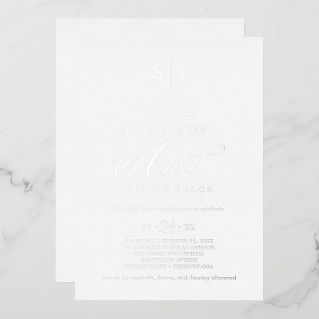 Romantic Silver Foil Calligraphy Monogram Wedding  (Front/Back)