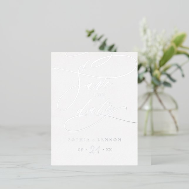 Romantic Silver Foil Calligraphy Save the Date Foil Invitation Postcard (Standing Front)