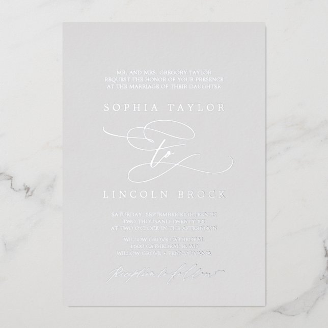 Romantic Silver Foil Grey Flourish Formal Wedding (Front)