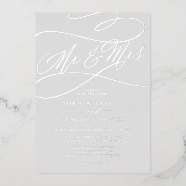Romantic Silver Foil Grey Mr & Mrs Wedding (Front)