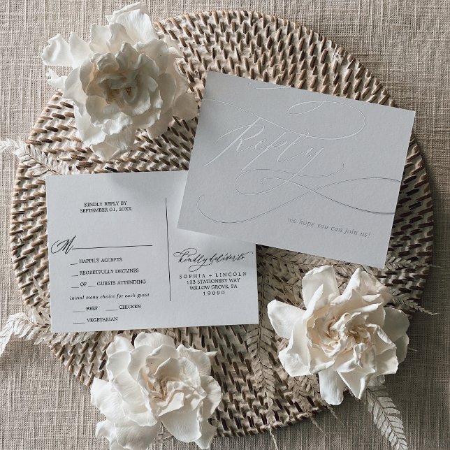 Romantic Silver Foil Grey Wedding Meal Option RSVP Foil Invitation Postcard (Creator Uploaded)