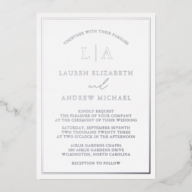 Romantic Silver Foil Monogram Border Wedding (Front)