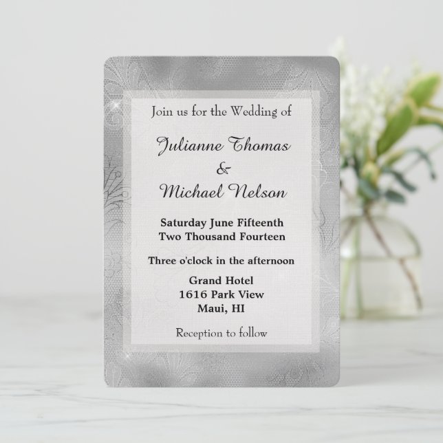 Romantic Silver Lace Wedding Invitation (Standing Front)