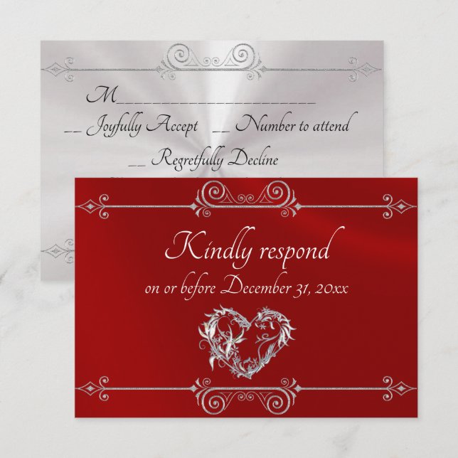 Romantic Silver Scroll Heart on Red RSVP Card (Front/Back)