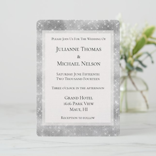 Romantic Silver Sparkle Glitz Wedding Invitation (Standing Front)