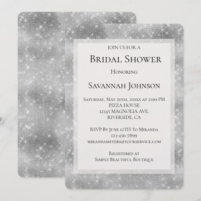 Romantic Silver Sparkle Glitzy Bridal Shower Invitation (Front/Back)