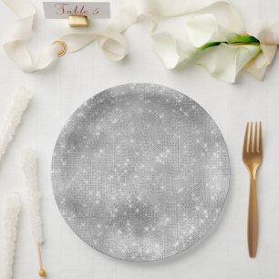 Romantic Silver Sparkle Glitzy Bridal Shower Paper Plate