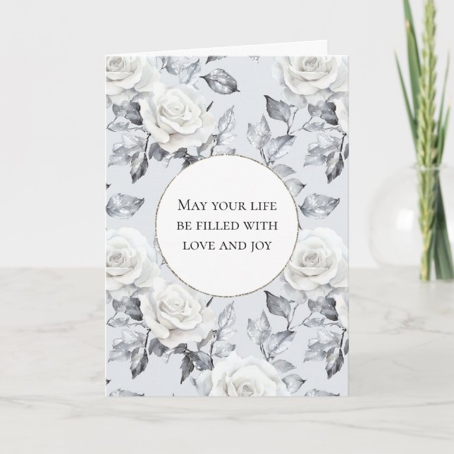 Romantic Silver White Roses Floral Wedding Card (Front)