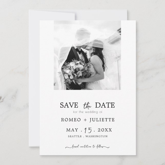 Romantic Simple Black&White Photo Save the Date (Front)