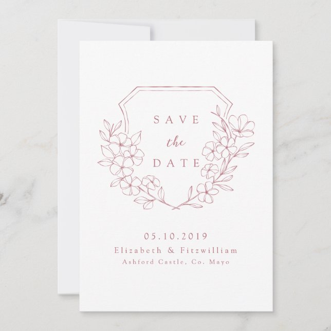 Romantic Simple Pink Cherry Blossom Monogram Crest Save The Date (Front)