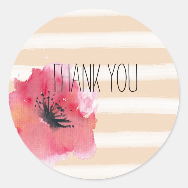 Romantic Simple Stripes Floral Thank you Classic Round Sticker (Front)