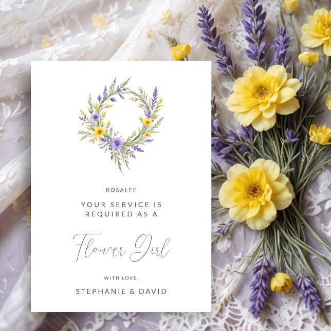 Romantic Simple Yellow Lavender Wreath Flower Girl (Romantic Minimalist Wedding Yellow & Lavender Wreath Flower Girl Proposals Cards.)