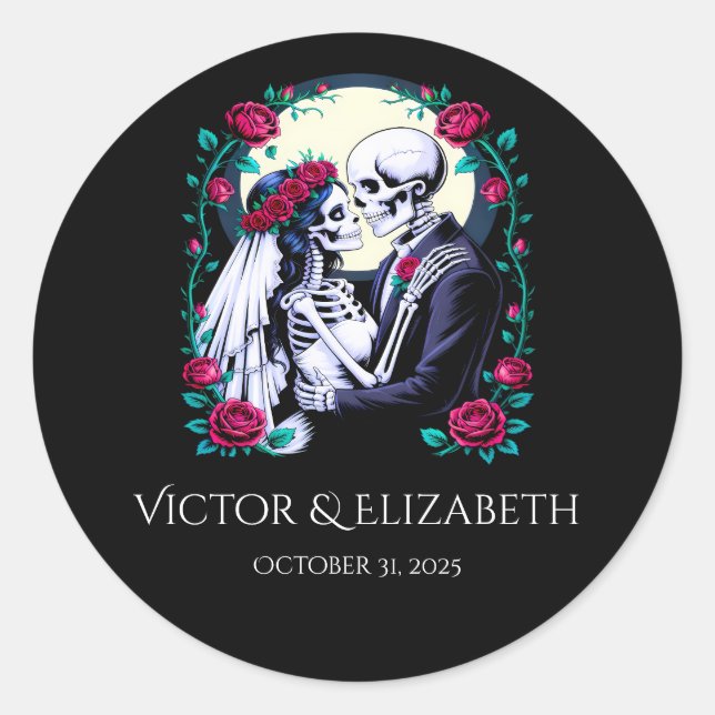 Romantic Skeleton Bride and Groom Wedding Classic Round Sticker (Front)