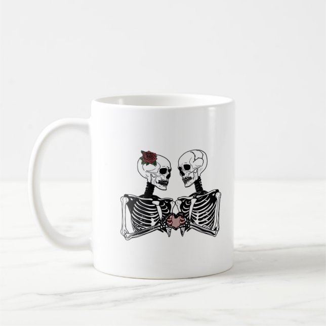 Romantic Skeleton Couple Gothic With Heart Hands Coffee Mug (Left)