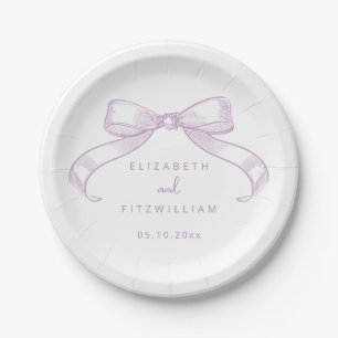 Romantic Sketched Bow l Lilac Couple Names Wedding Paper Plate
