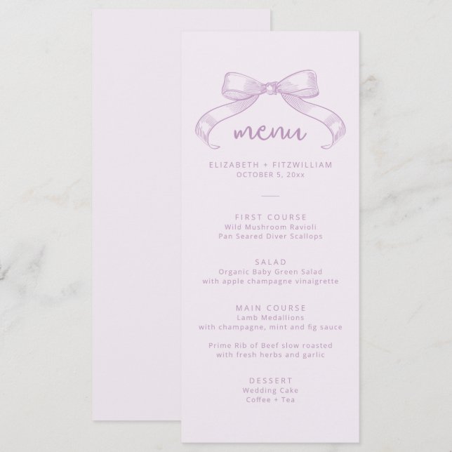 Romantic Sketched Bow | Lilac Background Wedding   Menu (Front/Back)
