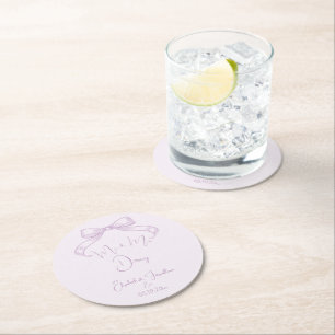 Romantic Sketched Bow Lilac Mr. & Mrs. Est. Round Paper Coaster