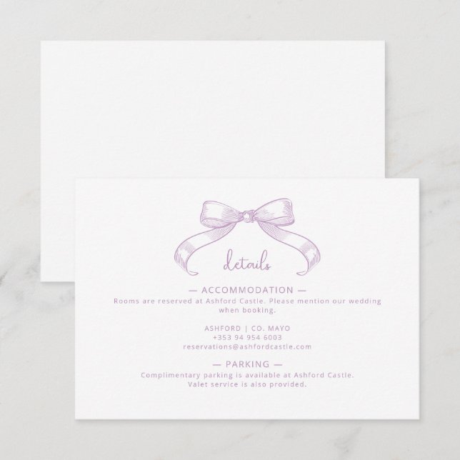 Romantic Sketched Bow | Lilac Wedding Details  Enclosure Card (Front/Back)