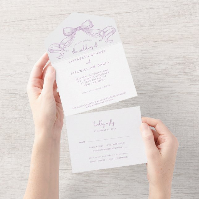 Romantic Sketched Bow | Lilac Wedding Of All In One Invitation (Tearaway)