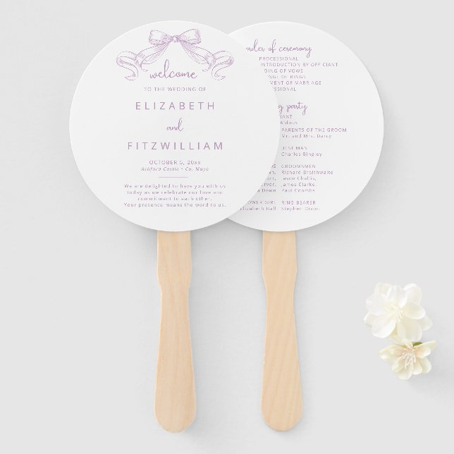 Romantic Sketched Bow | Lilac Wedding Program Hand Fan (Front and Back)