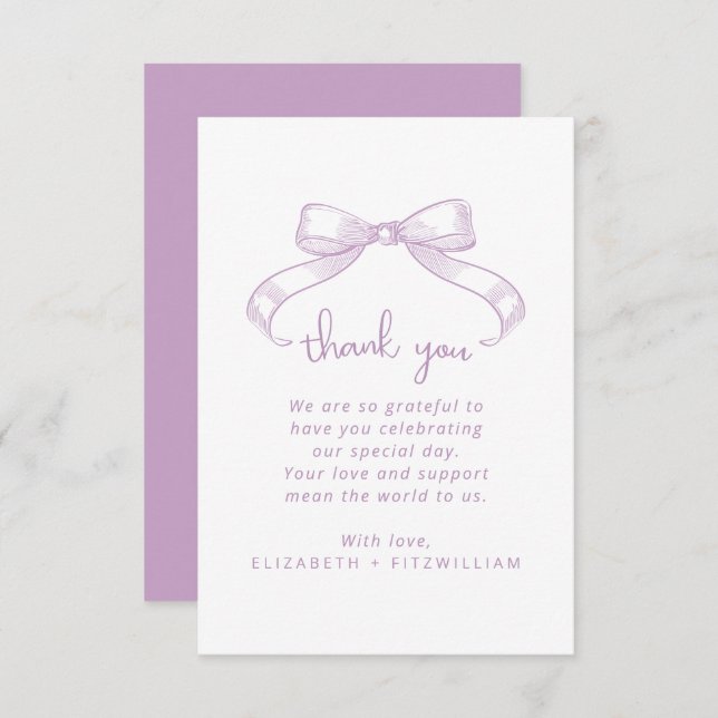 Romantic Sketched Bow | Lilac Wedding Thank You Card (Front/Back)