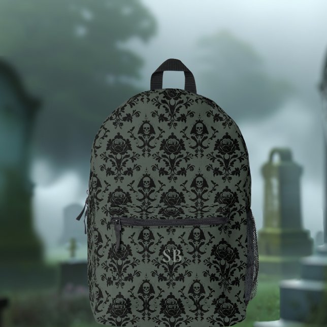 Romantic Skull & Rose Damask Printed Backpack (Dramatic and dark damask pattern backpack with space for your initials. )