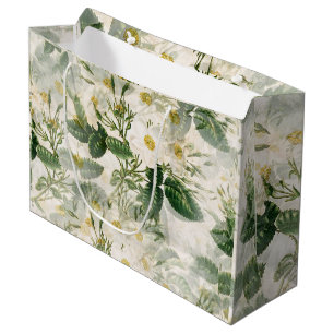 Romantic Smooth White Flowers and Green Leaves Large Gift Bag