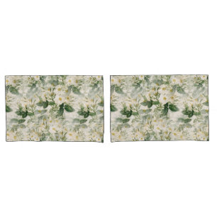 Romantic Smooth White Flowers and Green Leaves Pillowcase