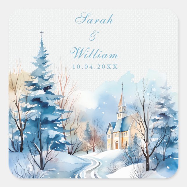 Romantic snowy church wedding  square sticker (Front)
