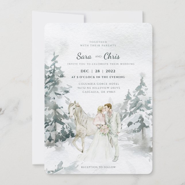 Romantic Snowy Winter Forest with Bride and Groom  Invitation (Front)