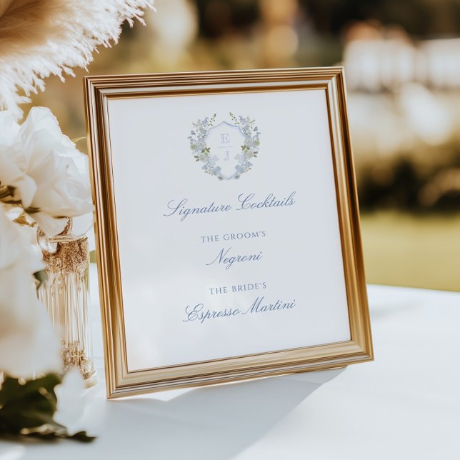 Romantic Soft Blue Monogram Crest Signature Drinks Poster (Creator Uploaded)