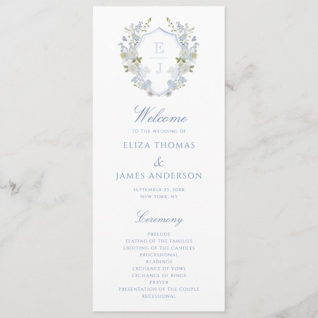 Romantic Soft Blue Monogram Crest Wedding Program Programme (Front)
