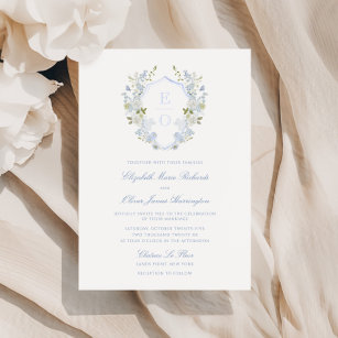 Romantic Soft Blue Vintage Monogram Crest Wedding Invitation