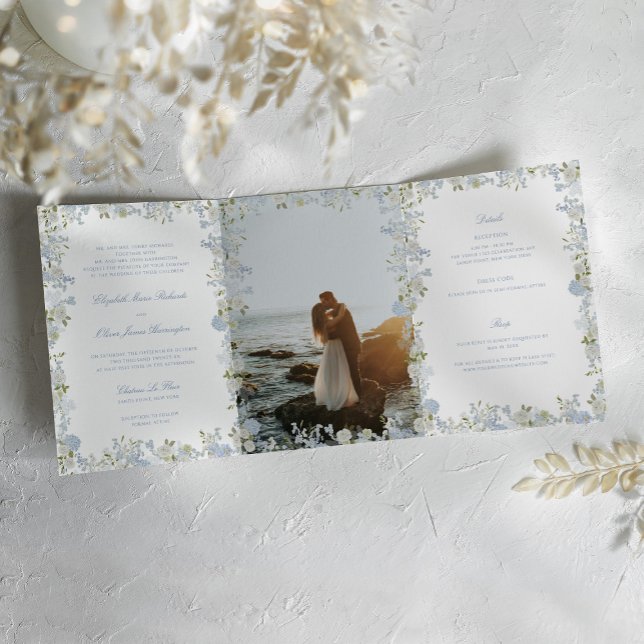 Romantic Soft Blue Vintage Monogram Crest Wedding Tri-Fold Invitation (Creator Uploaded)