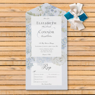 Romantic Soft Blue & White Garden Floral Dinner All In One Invitation