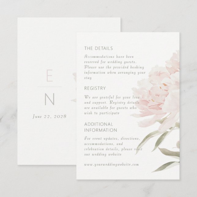 Romantic Soft Blush Peony Details Wedding Enclosure Card (Front/Back)