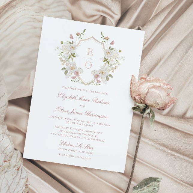 Romantic Soft Blush White Monogram Crest Wedding Invitation (Creator Uploaded)