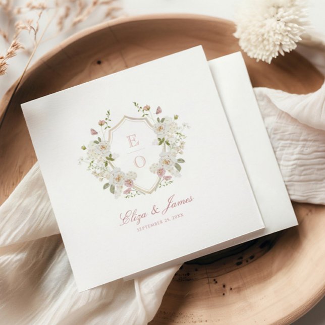 Romantic Soft Blush White Monogram Crest Wedding Napkin (Creator Uploaded)
