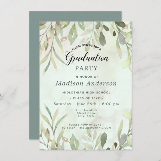 Romantic Soft Botanical Greenery Graduation Party Invitation (Front/Back)