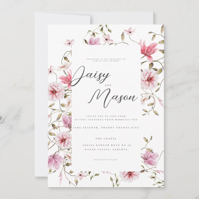 Romantic Soft Floral Blush pink watercolor wedding Invitation (Front)