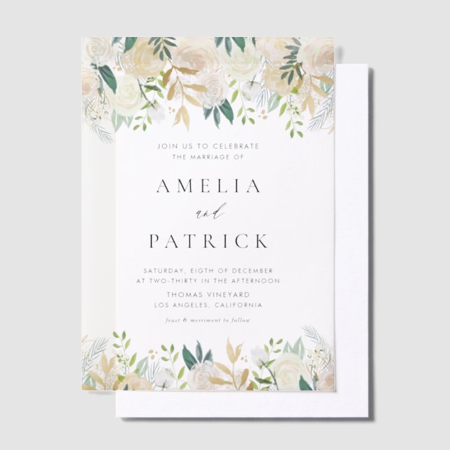 Romantic Soft Ivory Flowers Garland Wedding Vellum Invitations (Offset)