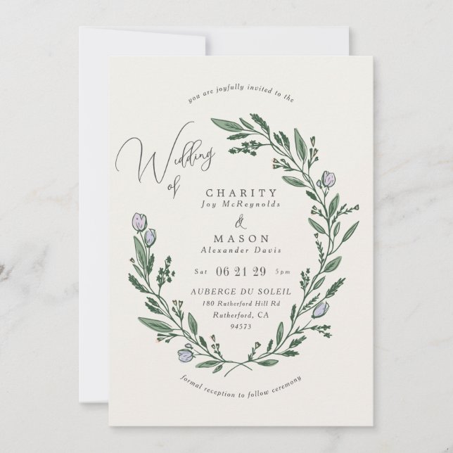 Romantic Soft Lilac Floral Crest Elegant Wedding Invitation (Front)