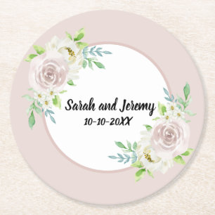Romantic Soft Mauve Floral Watercolor Rose Wedding Round Paper Coaster